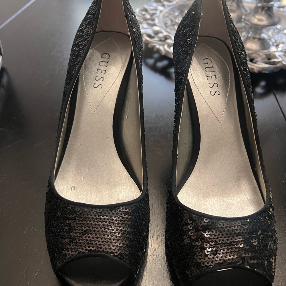 Guess Black Sequin Peep-Toe Heels